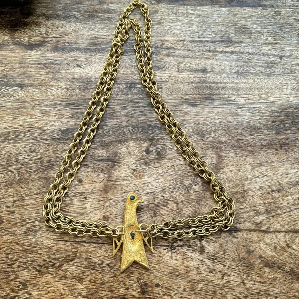 Vintage Art Deco Thunderbird Chain Belt Necklace Gold Tone Blue Cabochon Boho